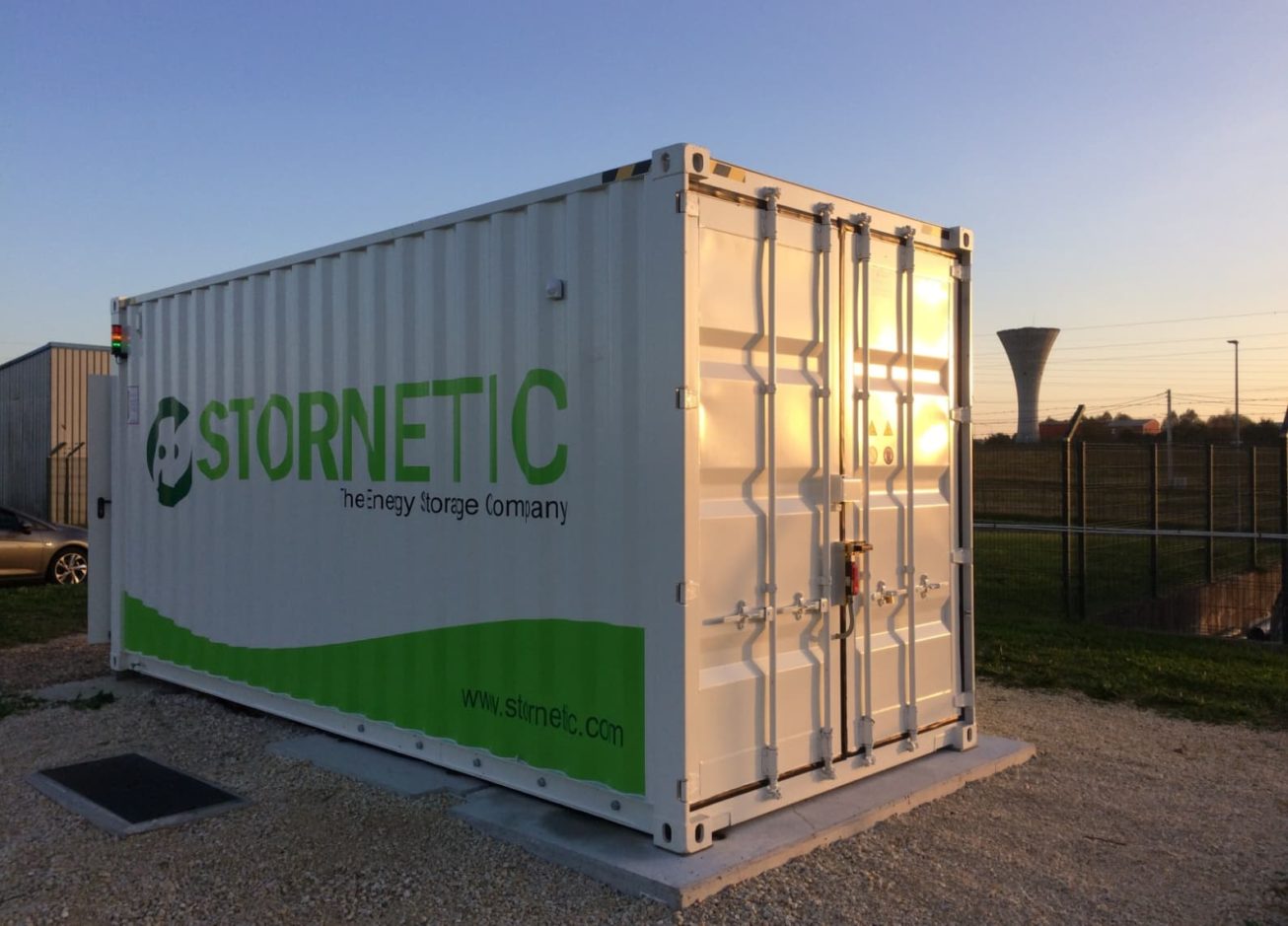A fitted Stornetic DuraStor container at sunset