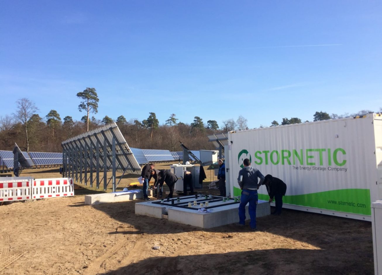 The installation of a Stornetic energy storage system, alongside solar panels